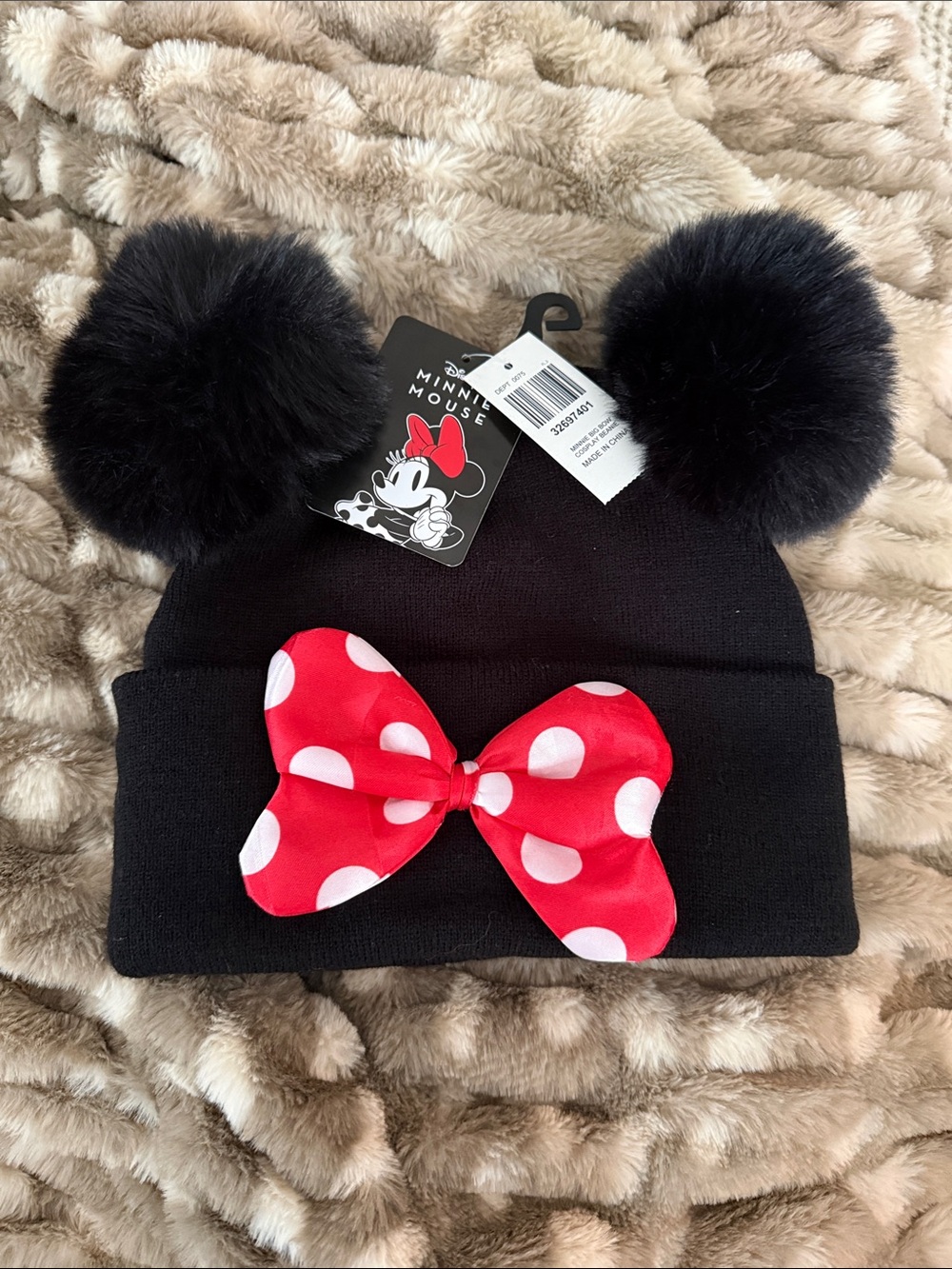 Disney Black Knit Beanie with Red Polka Dot Bow and Black Pom Poms